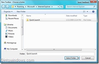 Pasta de seleção da nova barra de ferramentas do Windows 7
