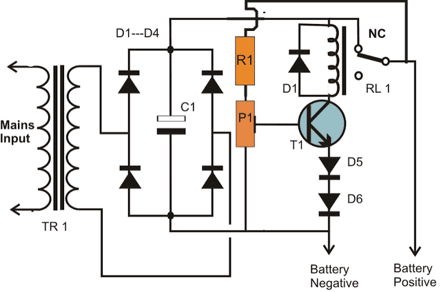 CARREGADOR DE BATERIA USANDO UM ÚNICO TRANSISTOR E RELÉ