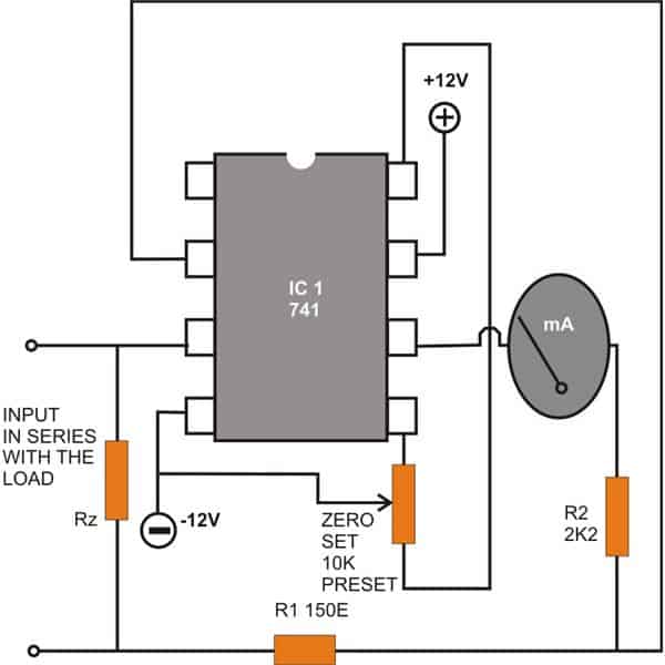 CIRCUITO AMPERÍMETRO DC USANDO IC 741