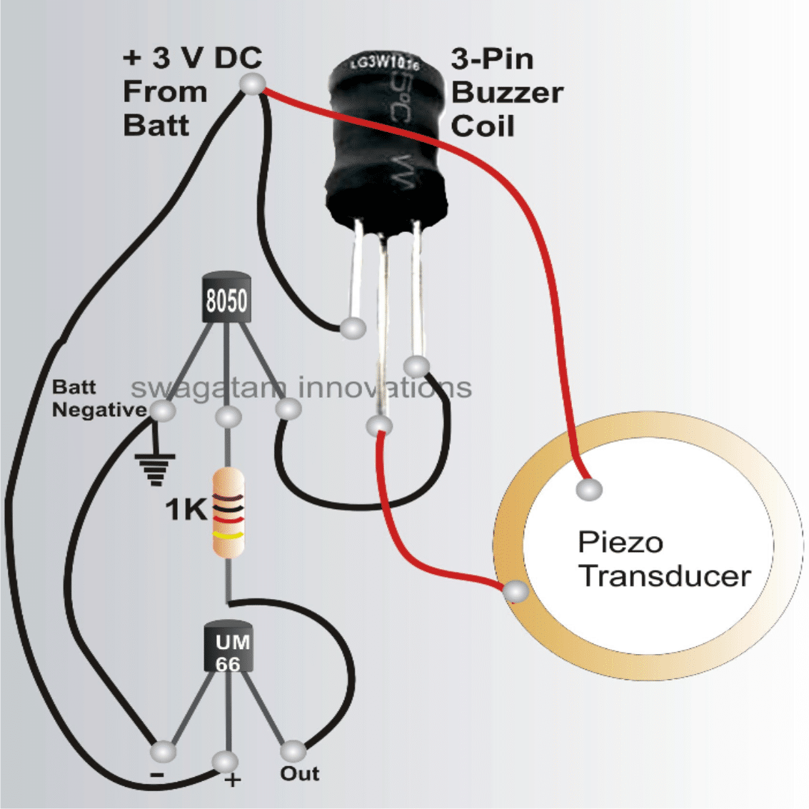 CIRCUITO DE BUZINA MUSICAL DE BICICLETA USANDO TRANSDUTOR PIEZO DE 27 MM E GERADOR DE TOM UM66