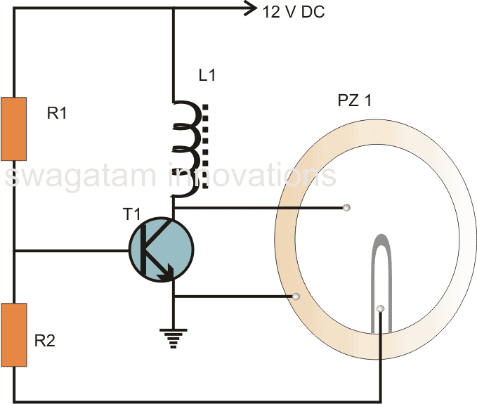 CIRCUITO DE CAMPAINHA SIMPLES USANDO UM ÚNICO TRANSISTOR BC547, PIEZO 27MM E UM INDUTOR