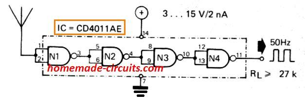 Outro circuito detector de zumbido AC muito simples usando IC 4011