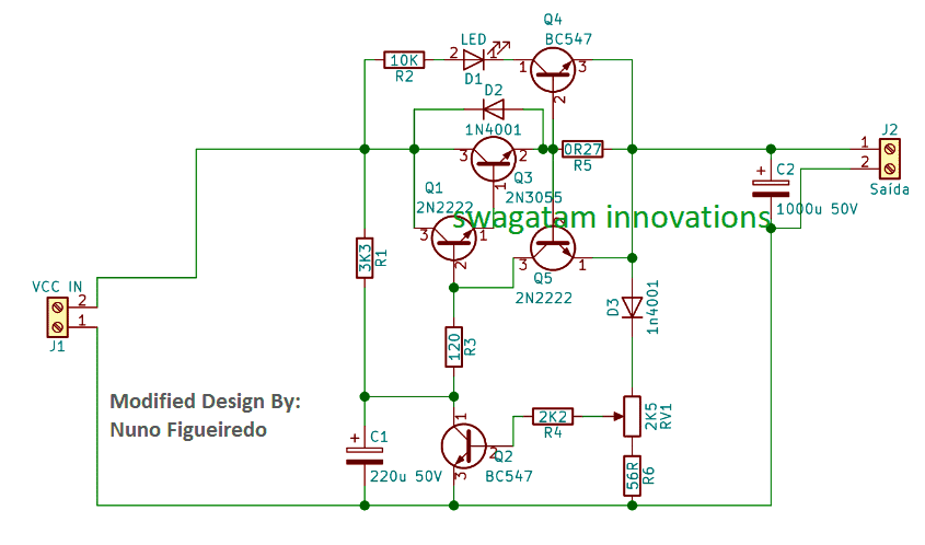 Projeto de fonte de alimentação variável simplificada usando transistores 2N3055 e 2N2222