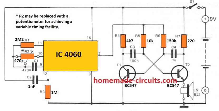 Circuito Temporizador Simples Usando IC 4060 13 Temporizador simples com alarme