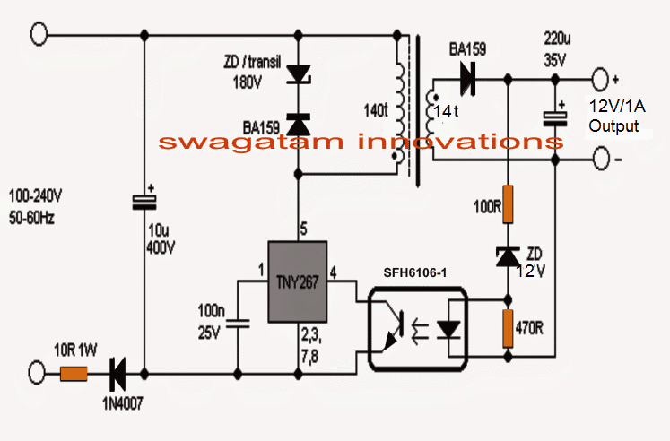 2) Outro SMPS simples de 12V 1 amp usando IC TNY267