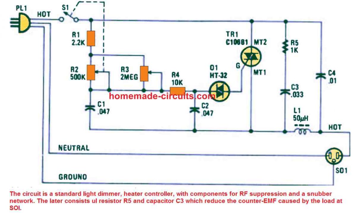 Como fazer um circuito controlador de aquecedor de 25 A e 1500 watts 7 Controlador de aquecedor avançado com eliminação de Snubber e RFI