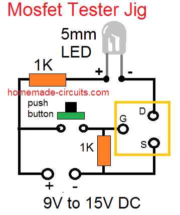Como verificar um MOSFET usando um multímetro digital 3 Circuito de gabarito de testador de mosfet simples