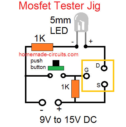 Como verificar um MOSFET usando um multímetro digital 5 Circuito de gabarito de testador de mosfet simples