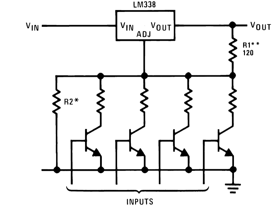 Circuitos de Aplicação IC LM338 7 Circuito de fonte de alimentação ajustável digitalmente: