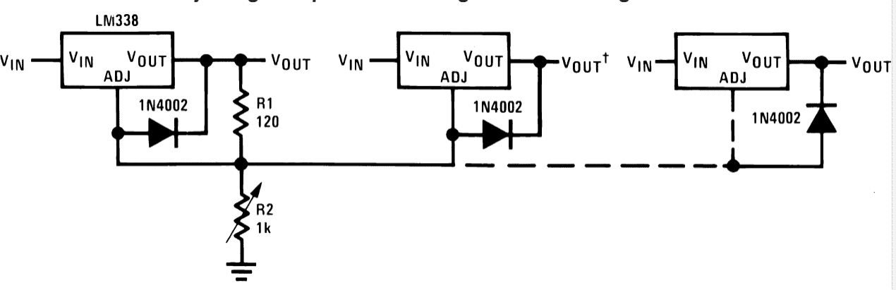 Circuitos de Aplicação IC LM338 21 Ajustando muitos módulos LM338 por meio de um único controle