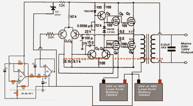 Faça este circuito inversor de onda senoidal pura de 1KVA (1000 watts) 9 Projeto de circuito inversor completo de 1 kva com oscilador senoidal de 50 Hz