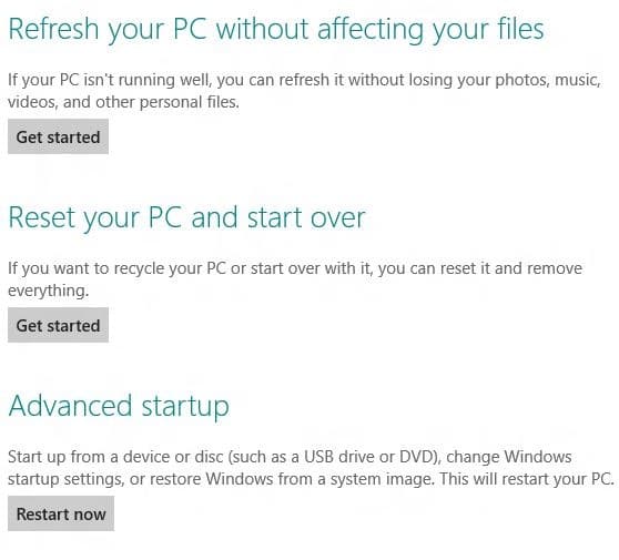 Redefinir ou atualizar o Windows 8 PC sem DVD Passo 2