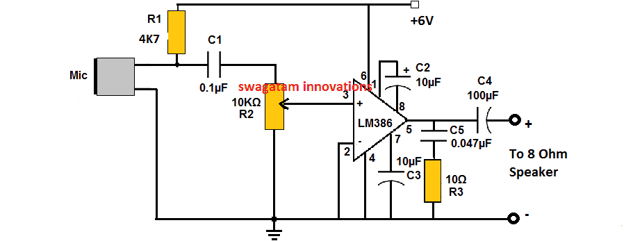 Circuito amplificador MIC usando LM386 IC