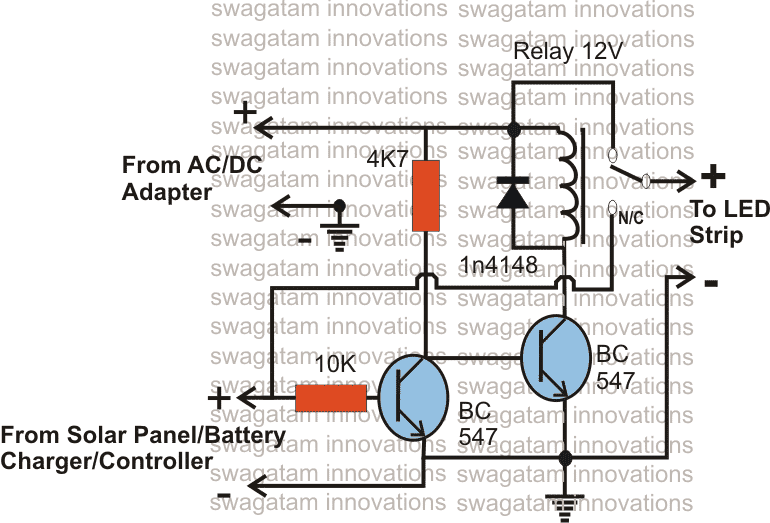 3 circuitos simples de comutação de painel solar/rede elétrica 7 O circuito a seguir responde ao comentário adicionado por Juan.