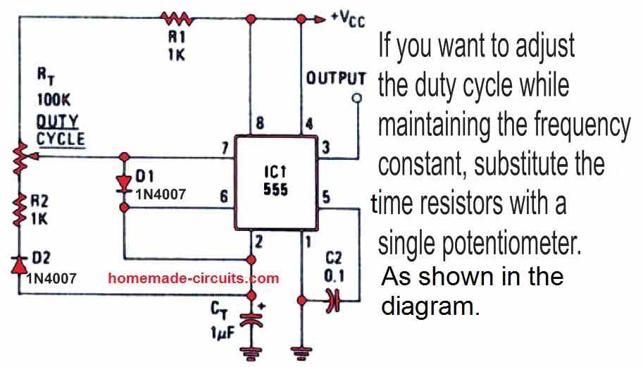 Você pode substituir os resistores de temporização por um único potenciômetro se quiser alterar o ciclo de trabalho mantendo a frequência constante, conforme ilustrado na figura a seguir.
