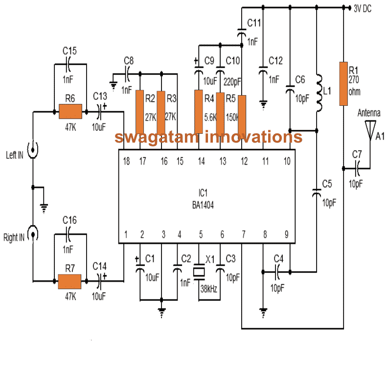 Circuito transmissor FM estéreo usando IC BA1404 1 Diagrama de Circuito do Transmissor FM Estéreo