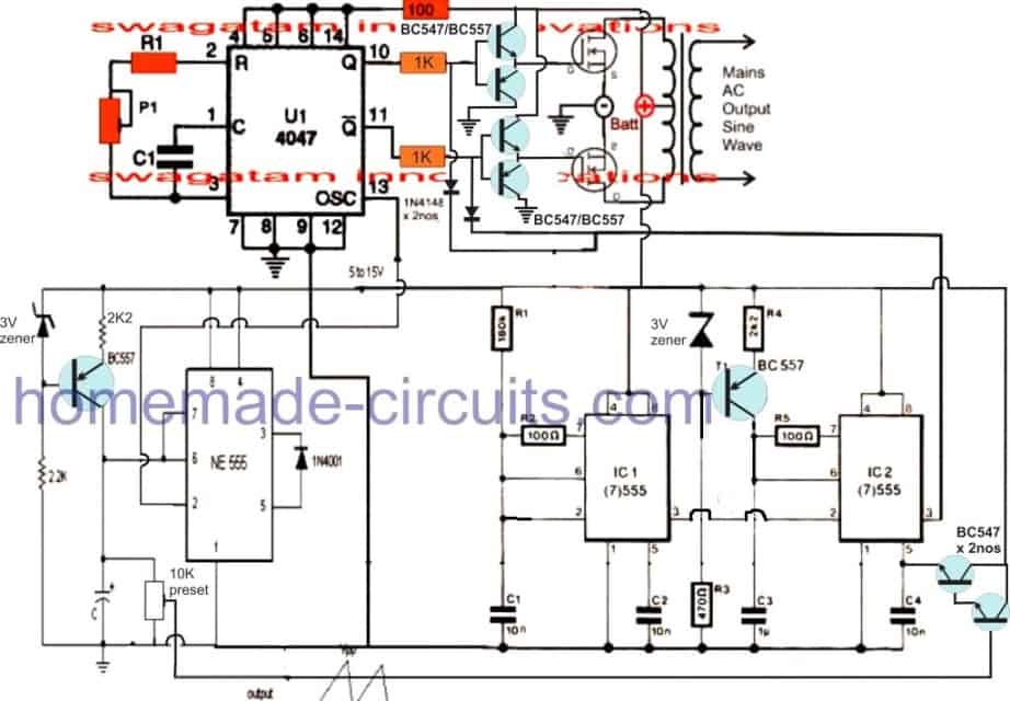 Circuito inversor de onda senoidal pura usando IC 4047 5 Forma de onda de saída assumida
