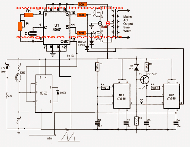 Circuito inversor de onda senoidal pura usando IC 4047 1 Usando IC 555 para a Geração PWM