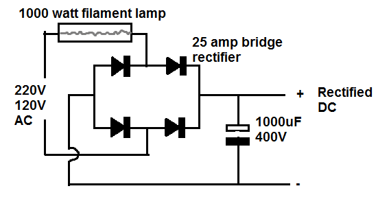 Circuito retificador de ponte de 220V AC a 220V DC com lâmpada de segurança