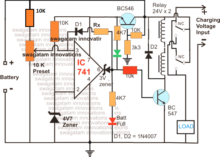 Circuito do carregador de bateria solar de 48V com corte alto/baixo 7 Carregador de bateria solar automático de 48V usando relé