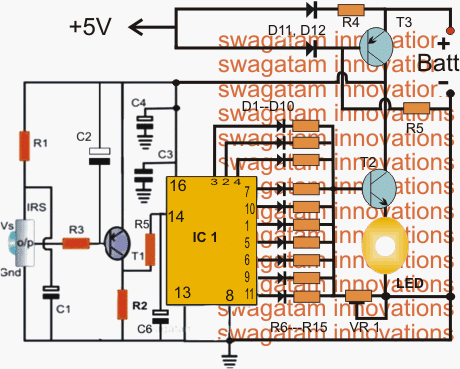 Circuito de Lâmpada de Emergência LED Controlada por Infravermelho (IR) 1 Diagrama de circuito