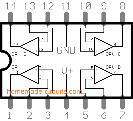 Diagrama de pinos IC LM324