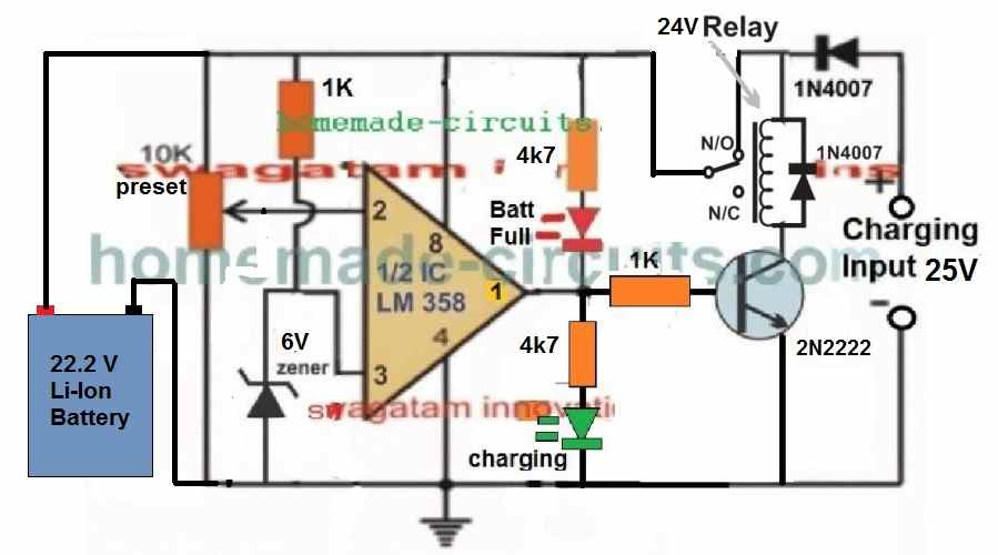 Circuito do carregador de bateria de íon de lítio de 22,2 V
