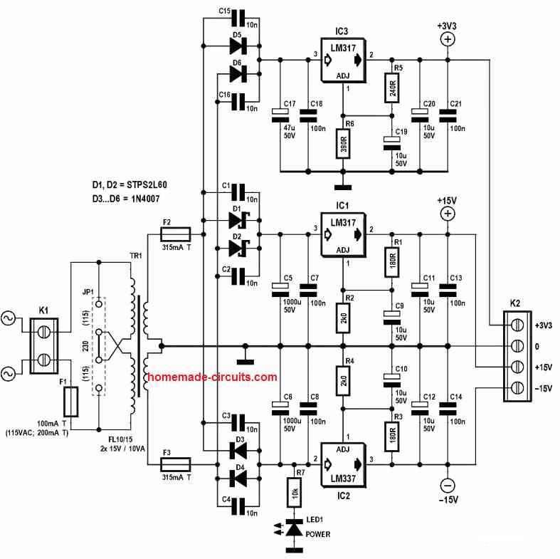 Outro simples circuito de alimentação dupla de 3V a +15V, -15V
