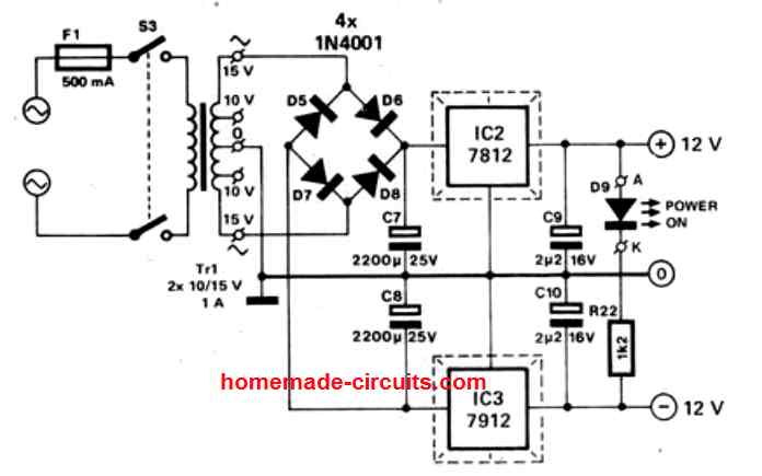 Outro simples circuito de alimentação dupla de 3V a +15V, -15V