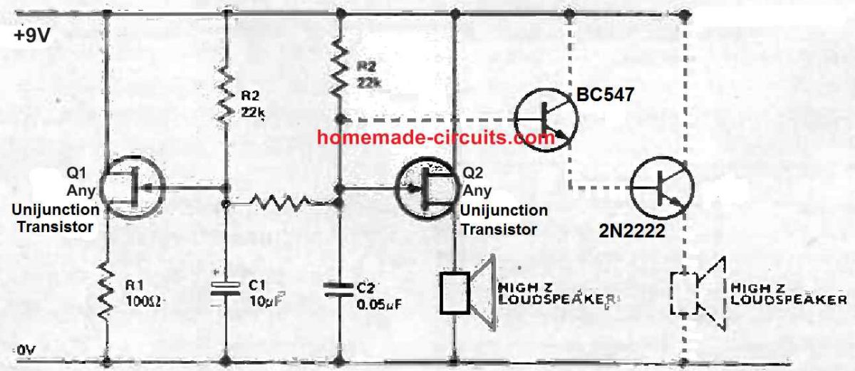 5) Circuito de sirene usando transistores de unijunção