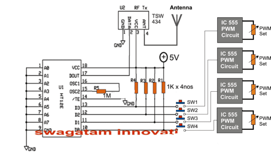 Circuito de controle remoto Quadcopter sem MCU 5 Como o transmissor de RF precisa ser conectado (codificador PWM)