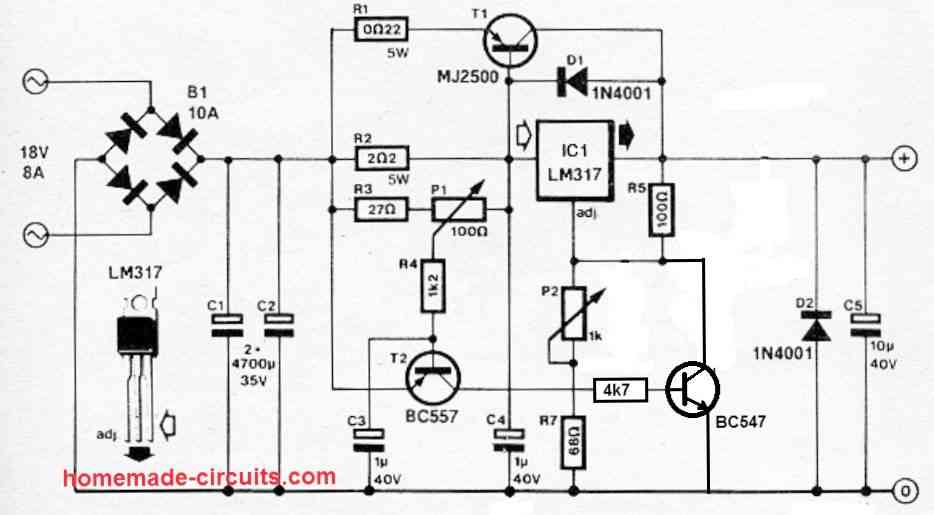 Outro circuito LM317 de alta corrente com circuito de corrente ajustável
