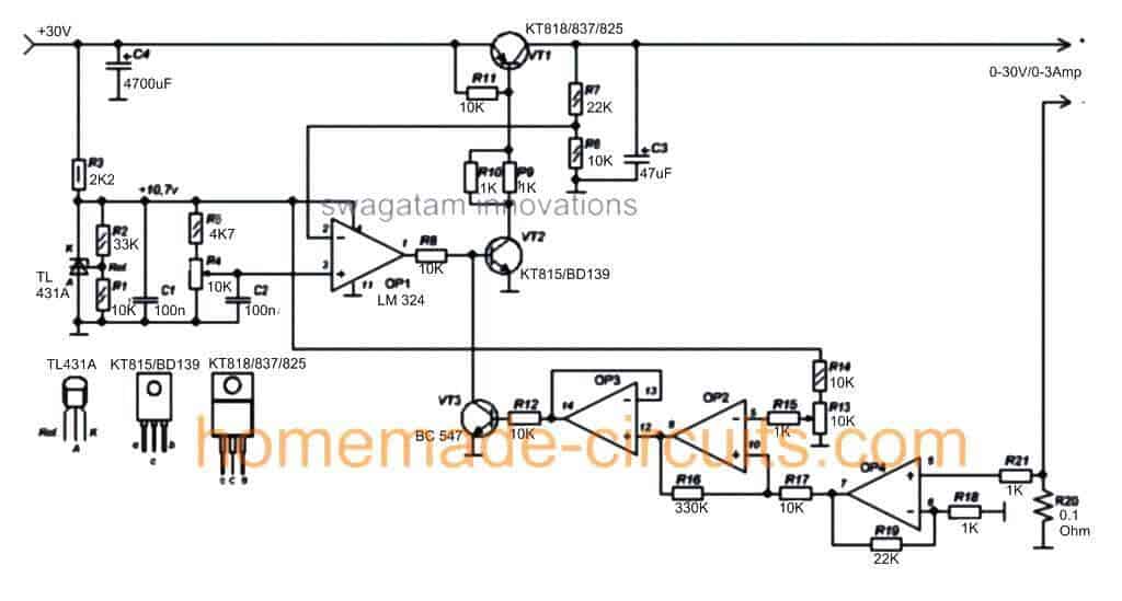 Circuito de Fonte de Alimentação Variável LM324 2 Usando um único LM324 como o dispositivo de controle principal