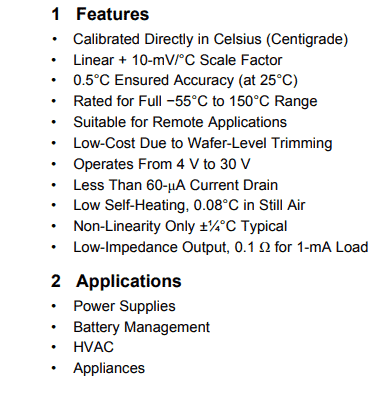 Pinagem LM35, folha de dados, circuito de aplicação 3 Especificações técnicas e recursos