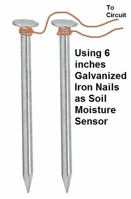 Como fazer um circuito testador de umidade do solo com um único IC 741 3 Usando pregos de ferro como sondas