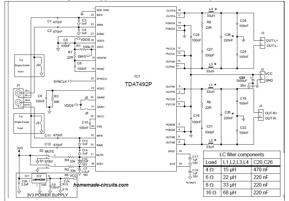 Circuito Amplificador de Potência Simples de 50 Watts 7 Usando TDA7492 IC