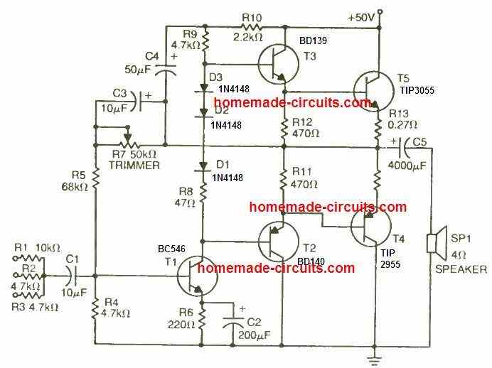 Circuito Amplificador de Potência Simples de 50 Watts 11 Amplificador simples de 50 watts usando transistores