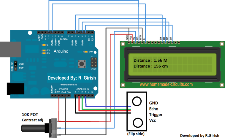 Circuito medidor de distância ultrassônico usando LCD 16x2
