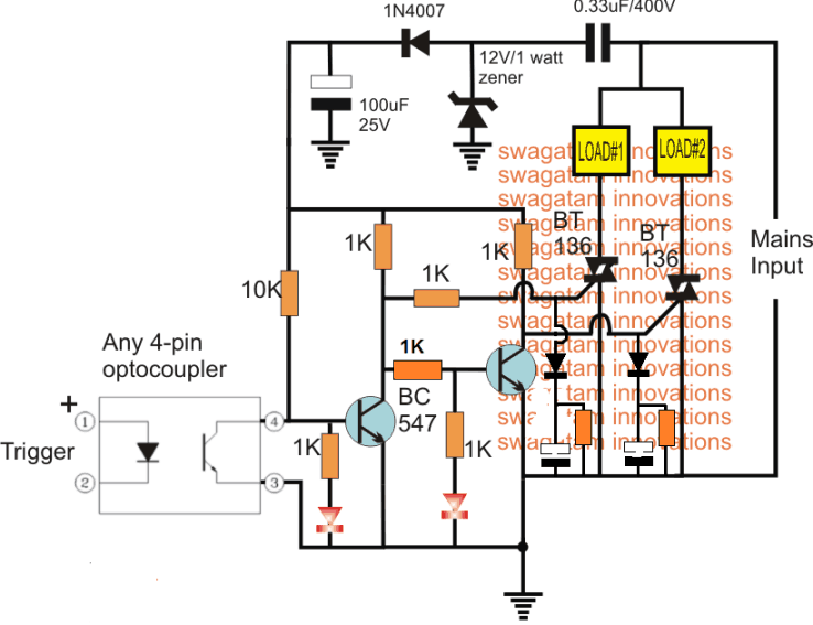 Circuito de comutação de relé SPDT usando Triac 3 Adicionando uma fonte de alimentação conectada e efeito de atraso