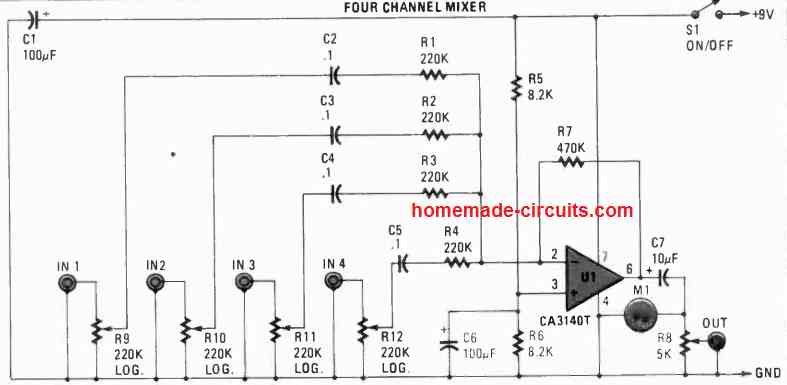 Mixer de áudio de 4 canais usando um amplificador operacional único