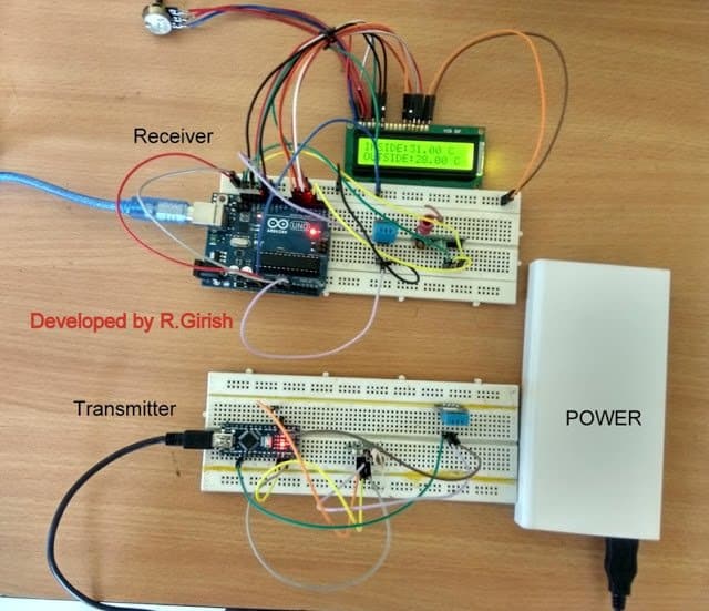 Termômetro sem fio usando link RF de 433 MHz usando Arduino 11 Protótipo de termômetro sem fio do autor usando Arduino e link de RF de 433 MHz:
