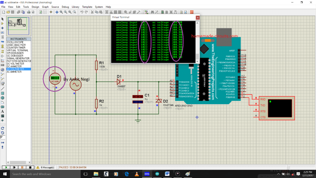 Circuito de voltímetro AC sem transformador usando Arduino 13 CÓDIGO:
