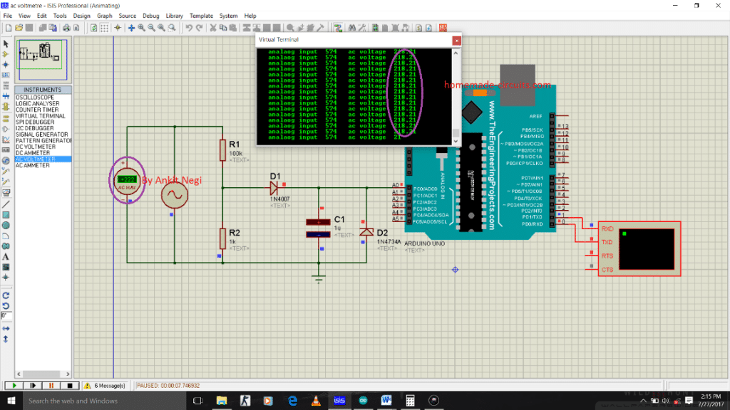 Circuito de voltímetro AC sem transformador usando Arduino 15 SIMULAÇÃO: