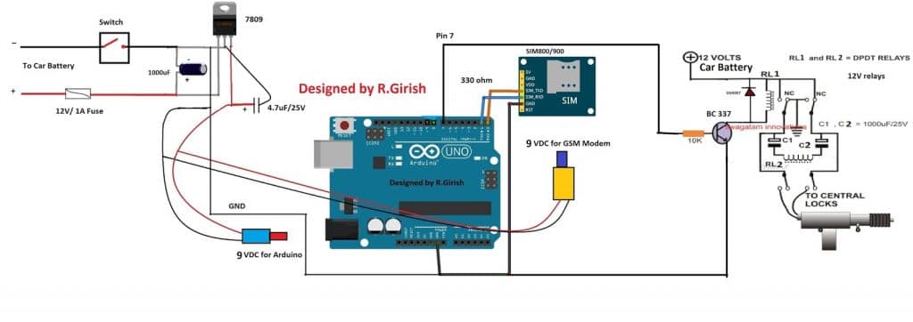 Ignição de carro GSM e circuito de trava central usando Arduino