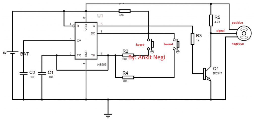 DIAGRAMA DE CIRCUITO MOSTRANDO COMO FUNCIONAR UM SERVO MOTOR USANDO IC 555:
