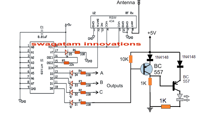 O circuito receptor do decodificador RF do extensor de alcance