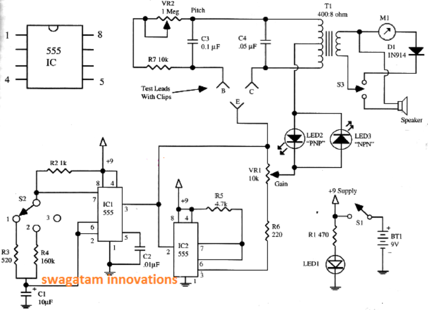 Diagrama de circuito do circuito testador de diodo transistorizado