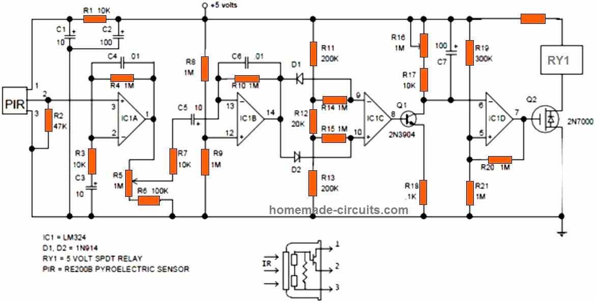 Folha de dados do sensor PIR, especificações de pinagem, funcionamento 21 Diagrama de circuito interno do módulo PIR típico