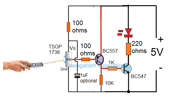 Circuito testador de controle remoto 6 Usando TSOP1738 IC