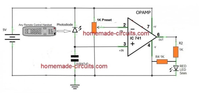 Circuito testador de controle remoto 4 Usando um circuito Opamp